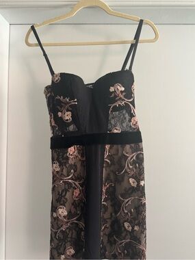 La Perla Black Lace Mini Dress with Blush Floral Embroidery